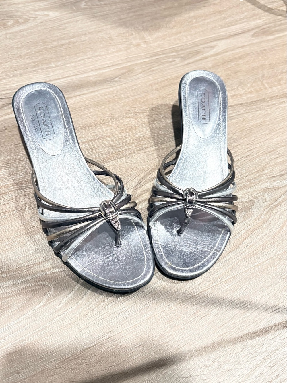 Coach Silver Multi-Strap Toe-Ring Mule Heels